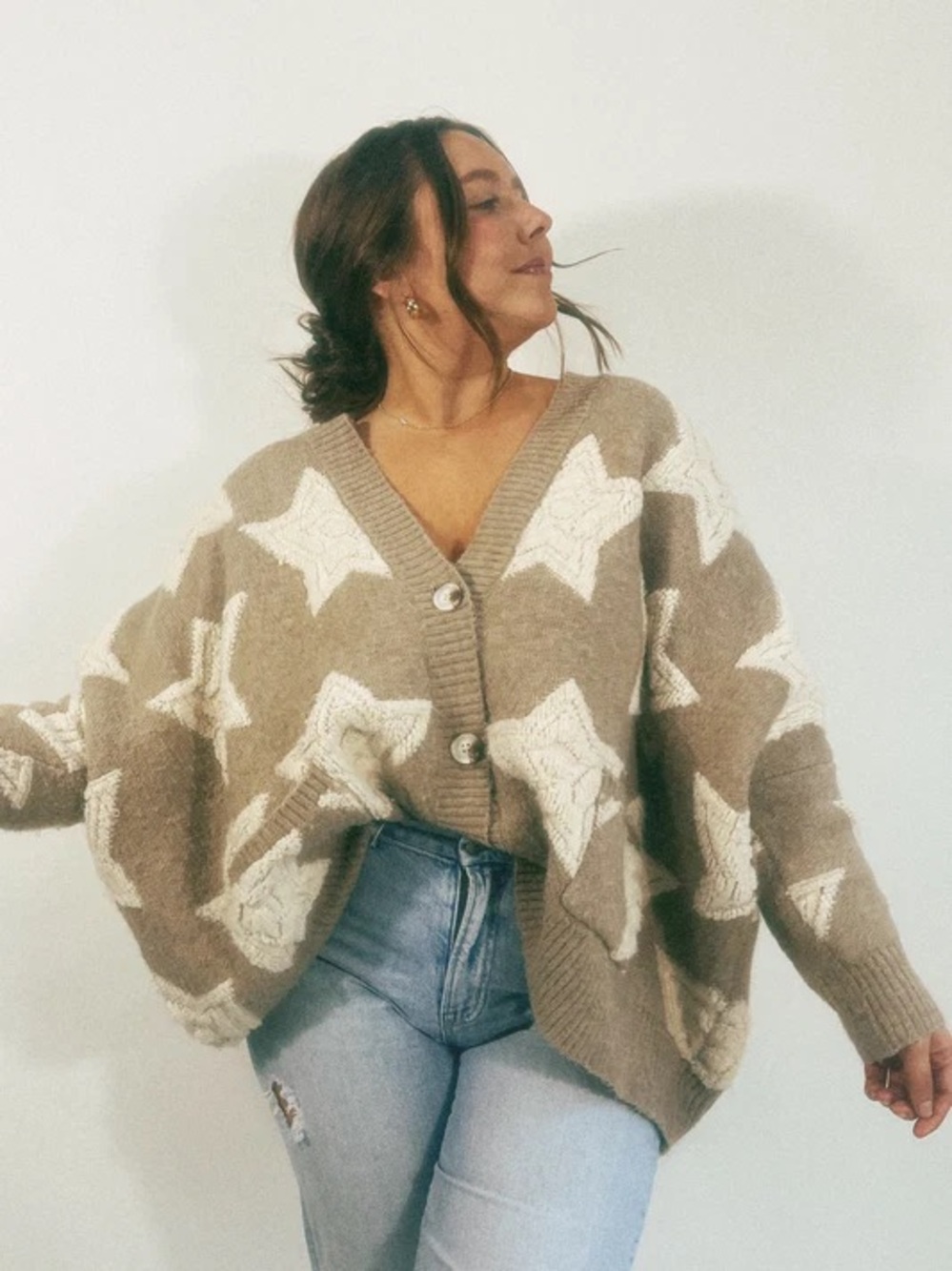 Bucket List Taupe & Cream Star-Pattern Button Cardigan